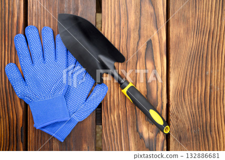 a blue glove with dots and a gardening trowel are lying on dark brown wooden boards top view 132886681