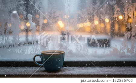 Light shining through frosted glass and coffee mug on the terrace 132886703