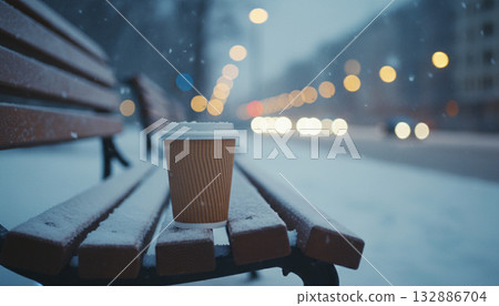Paper coffee cup and city lights on a snowy bench 132886704
