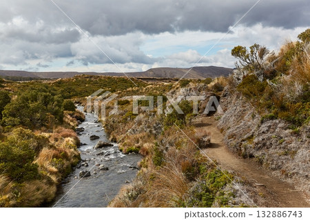 Hiking landscape in Tongariro National Park, New Zealand, mountain stream 132886743