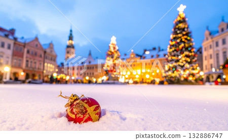 A snow-covered square and the softly shining lights of a Christmas tree A snow-covered square and the softly shining lights of a Christmas tree 132886747