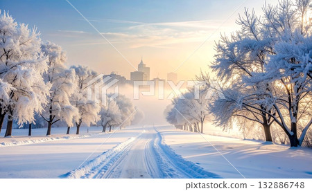 A quiet cityscape shrouded in white mist on a frosty winter morning 132886748