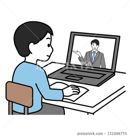 Illustration of a child taking an online class on a computer and a teacher teaching via the screen Illustration of a child taking an online class on a computer and a teacher teaching via the screen 132886755