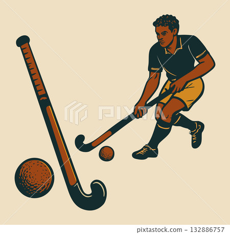 Field hockey vintage vector illustration. Field hockey player with field hockey stick and ball 132886757