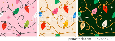 Colorful Christmas lights seamless pattern. Christmas background with festive lights garlands. Colorful Christmas lights seamless pattern. Christmas background with festive lights garlands. 132886788