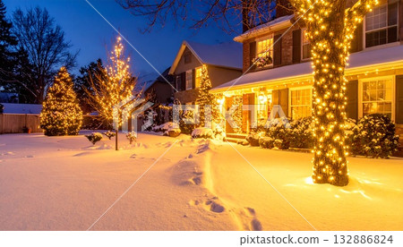 Snow-covered garden and golden Christmas lights illuminating the trees 132886824