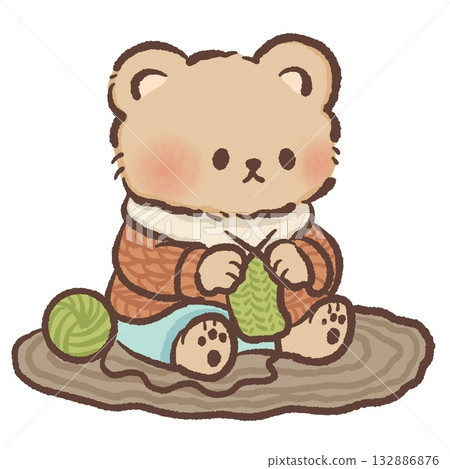 Cute bear knitting on cozy rug kawaii winter clipart perfect for handmade crafts cottagecore themes and cozy hobby illustrations 132886876