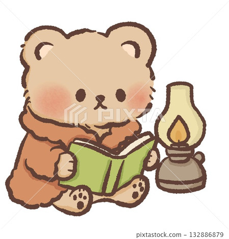 Cute bear reading a book beside a vintage lantern cozy bedtime clipart hand drawn illustration for winter nights nursery art and storytime themes 132886879