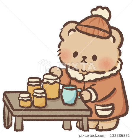 Cute bear preparing honey tea cozy hand drawn clipart for winter cottage kitchen tea lover designs and kawaii cozy home illustrations 132886881