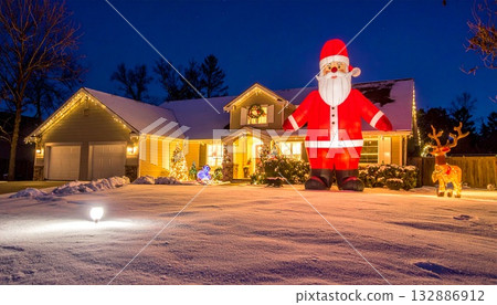 郊區的一棟房子,草坪上覆蓋著白雪,還有一個巨大的聖誕老人和馴鹿雕塑。 郊區的一棟房子,草坪上覆蓋著白雪,還有一個巨大的聖誕老人和馴鹿雕塑。 132886912