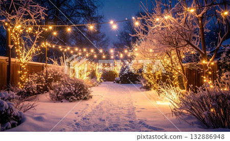 On a frosty night, string lights entangled in the branches of a garden glow softly. 132886948