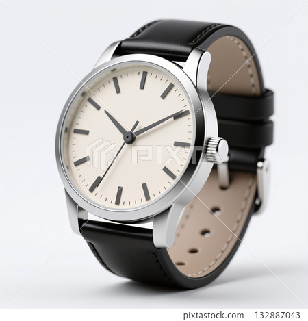 Modern watch with black leather strap and silver face. 132887043