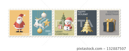 Christmas retro postage stamps collection isolated graphic illustration. 132887507