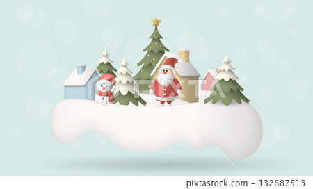 3D miniature model of Winter Wonderland on floating snowdrift with cute Santa Claus and snowman graphic illustration. 132887513