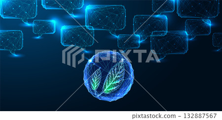 Green AI and sustainability communication concept with eco leaves in circle and chatbot icons 132887567