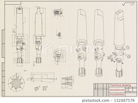 Mechanical engineering drawings on light background. Cutting tools, milling cutter. Technical Design. Cover. Blueprint. Horizontal seamless pattern. Vector illustration. Mechanical engineering drawings on light background. Cutting tools, milling cutter. Technical Design. Cover. Blueprint. Horizontal seamless pattern. Vector illustration. 132887576