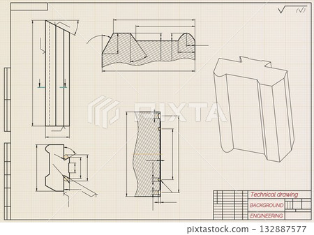 Mechanical engineering drawings on light background. Cutting tools, milling cutter. Technical Design. Cover. Blueprint. Horizontal seamless pattern. Vector illustration. Mechanical engineering drawings on light background. Cutting tools, milling cutter. Technical Design. Cover. Blueprint. Horizontal seamless pattern. Vector illustration. 132887577