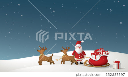 Winter Wonderland in Christmas eve have cute Santa Claus stands looking at his sleigh whish is overflowing with gift boxes graphic illustration. 132887597