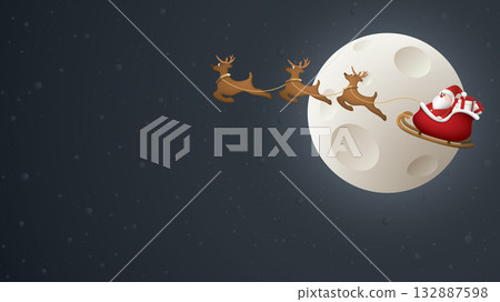 3D miniature model of Santa Claus riding sleigh flying through the moon in Christmas eve graphic illustration have blank space. 132887598