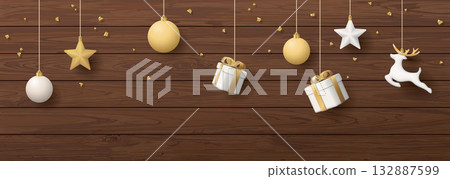3D Christmas ornaments gold and white colors hanging with confetti on wooden background graphic illustration have blank space. 3D Christmas ornaments gold and white colors hanging with confetti on wooden background graphic illustration have blank space. 132887599