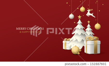 3D miniature model of decorated pine trees, gift boxes and Christmas ornaments hanging with red background graphic illustration have blank space. 132887601