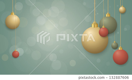 Colorful Christmas balls hanging with soft bokeh and blurred turquoise background graphic illustration have blank space. 132887606