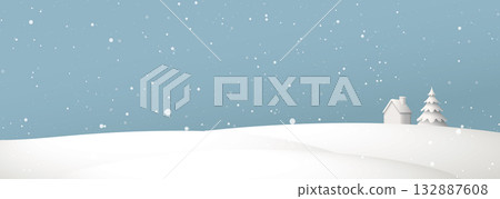 Minimalist countryside landscape at night with cottage and pine tree covered by snow graphic illustration have blank space. 132887608