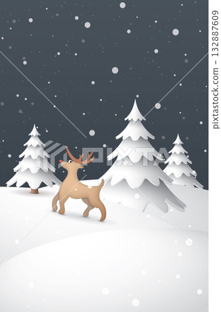 Cute countryside landscape covered by snow at night with reindeer and pine trees vertical template graphic illustration have blank space. 132887609