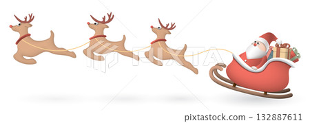 Cute Santa Claus riding sleigh and flying isolated graphic illustration. 132887611