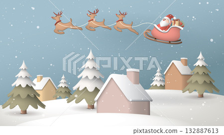 3D miniature model of Winter Wonderland in Christmas eve have cute Santa Claus riding sleigh flying on the sky graphic illustration. 3D miniature model of Winter Wonderland in Christmas eve have cute Santa Claus riding sleigh flying on the sky graphic illustration. 132887613