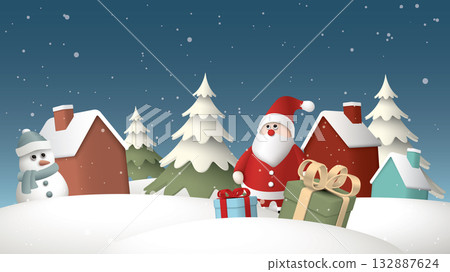 Winter Wonderland in Christmas eve with 3D cute Santa Claus and gift boxes have snowfall graphic illustration. 132887624