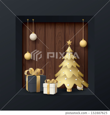 Black wall and square hole have cut timber panels behind with 3D miniature model of golden Christmas elements graphic illustration have blank space. 132887625