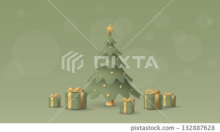 3D decorated Christmas tree and gift boxes with green background graphic illustration have blank space. 132887628