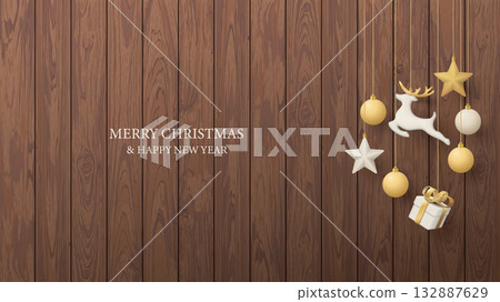 Christmas ornaments hanging with cut timber panels background graphic illustration have blank space. 132887629