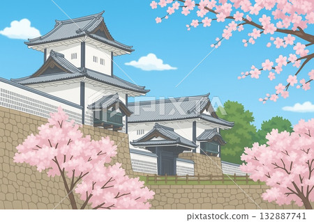 春天的金澤城,櫻花盛開(城堡在藍天映襯下熠熠生輝的插畫) 春天的金澤城,櫻花盛開(城堡在藍天映襯下熠熠生輝的插畫) 132887741