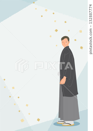新年素材：優雅簡約的新年卡片素材，以藍色為背景，印有男士袴裙圖案（馬年）。 132887774