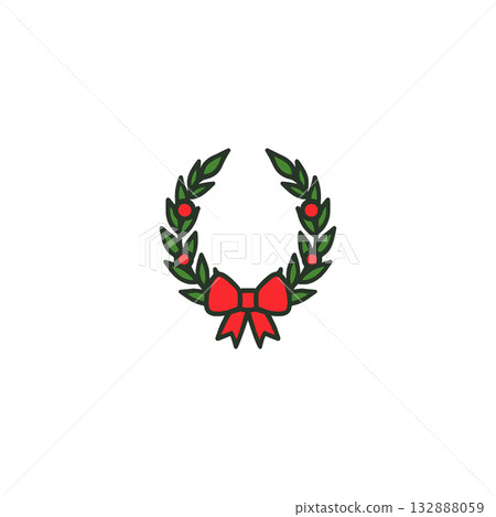 Christmas wreath illustration | Stylish winter decoration material with a striking red ribbon, icon, document creation, no background 132888059