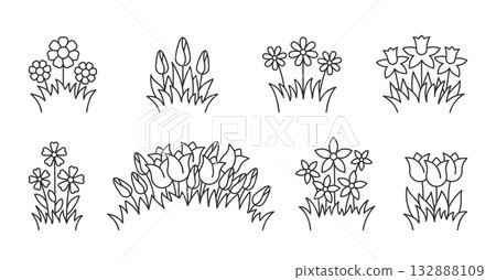 Spring buds in grass line set. Tulip daffodil chamomile daisy simple blossoms, linear floral shapes. Nature composition, meadow flowers, stylized blooms, decorative garden. Childish coloring book 132888109
