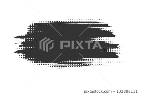 Black paint dry brush stroke stain. Textured blot grunge artistic element. Ink smudge frame design. Rough smear dirty monochrome blotch with halftone dotted effect. Expressive hand drawn bold stripe 132888111