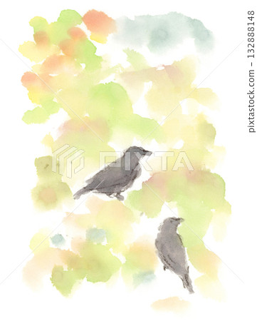 Watercolor illustration of a crow searching for food in an autumn field Watercolor illustration of a crow searching for food in an autumn field 132888148
