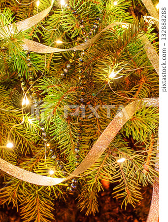 Christmas photo made of fir branches, Christmas background for the holiday 132888288