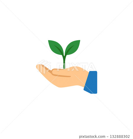 掌心萌發的嫩葉圖示 | 環境保護、成長、永續材料、無背景、插圖、文件創建 132888302