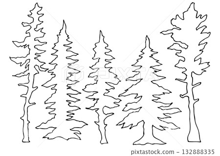 Coniferous tree line drawings and silhouettes set Stained glass style Christmas decoration Vector illustration Coniferous tree line drawings and silhouettes set Stained glass style Christmas decoration Vector illustration 132888335