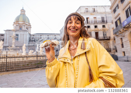 Happy Tourist with Sicilian Cannolo Happy Tourist with Sicilian Cannolo 132888361