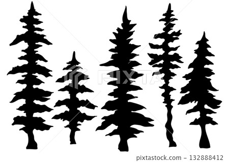 Coniferous tree line drawings and silhouettes set Stained glass style Christmas decoration Vector illustration Coniferous tree line drawings and silhouettes set Stained glass style Christmas decoration Vector illustration 132888412