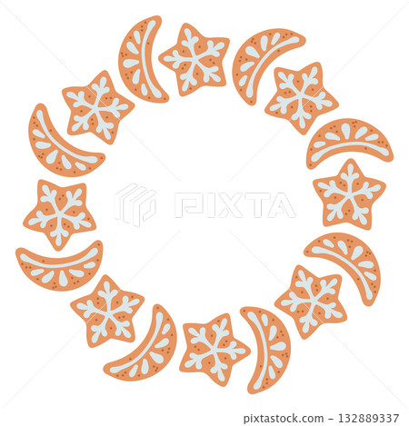 Simple gingerbread cookie snowflake and month festive round frame with Christmas decor. The simple vector design perfect for Christmas and New Year decorations or holiday greetings. Simple gingerbread cookie snowflake and month festive round frame with Christmas decor. The simple vector design perfect for Christmas and New Year decorations or holiday greetings. 132889337
