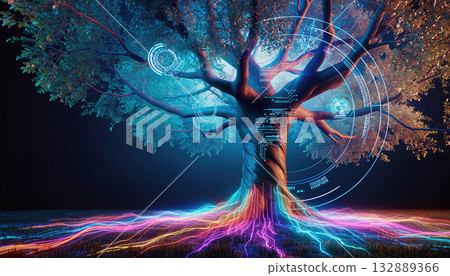 一棵巨大的未來之樹，樹幹內遍布電路。 132889366