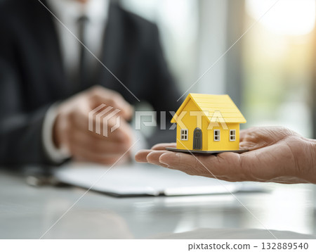 Real estate agent handshake house model contract sale, joyful trust flows in moment of home purchase 132889540