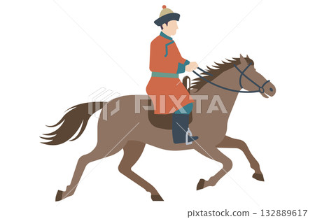 Illustration of a person riding a horse in traditional Mongolian clothing Illustration of a person riding a horse in traditional Mongolian clothing 132889617