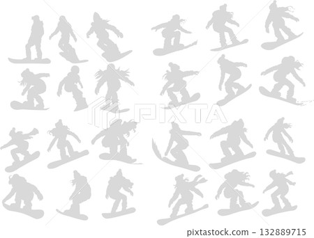 Illustration set of a woman snowboarding on a snowy mountain in winter 132889715